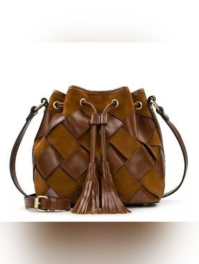 Patricia Nash Brown Woven Suede & Leather Bucket Shoulder Bag
